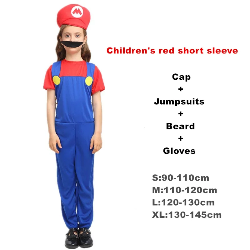 Kids red short Взрослый Хэллоуин Супер Марио Детский костюм косплей семья Funy Luigi Bros сантехник Пурим костюм нарядное платье Рождественские Вечерние - Цвет: Kids red short