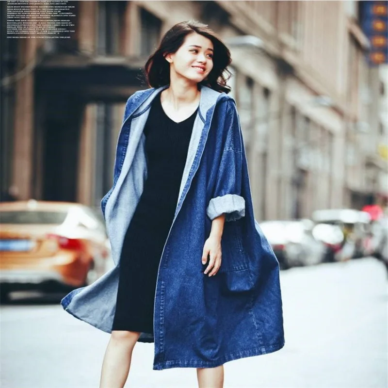 2019 весенне осеннее Новое повседневное Свободное пальто выше колена с капюшоном