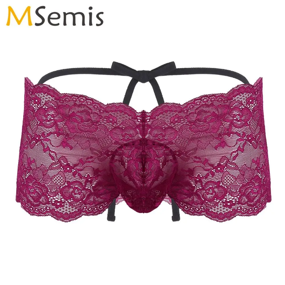 

Men Adult Floral Lace Transparent Panties Low Rise Strappy Open Butt Sissy Bikini Briefs Sexy Gay Crotchless Jockstrap Underwear