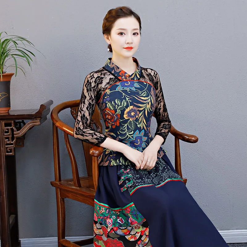 Элегантные ретро китайские женские cheongsam топы Вышитые Печатные Топы Ципао традиционные классические кружевные рукава кофточка Ципао - Цвет: color2