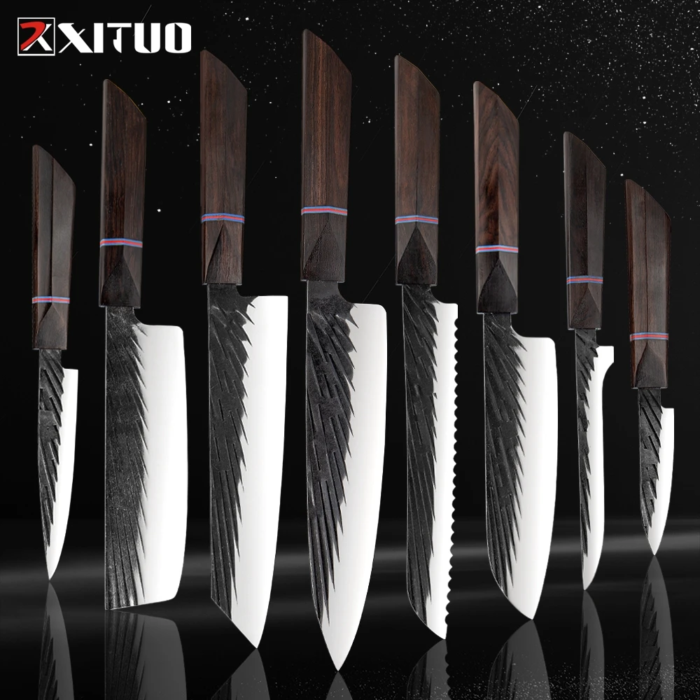 

XITUO 8 комплектов кухонных ножей ручной работы кованый японский острый шеф-повара нож 440C стальной Мясницкий Kiritsuke сантоку универсальный нож д...
