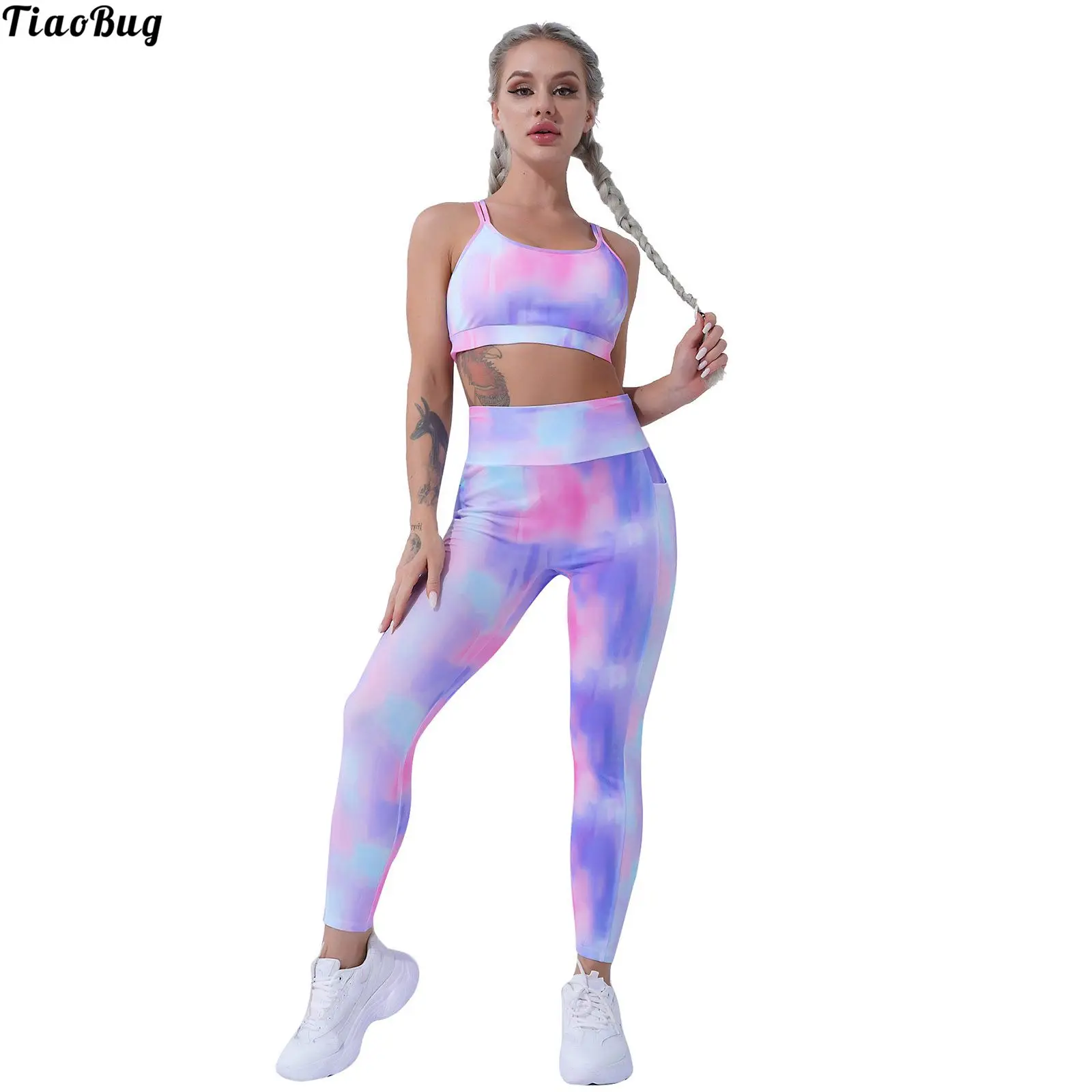 

Женский спортивный костюм TiaoBug из 2 предметов, с U-образным вырезом, на тонких бретелях, со съемными бретелями, топы и брюки, комплект для спор...