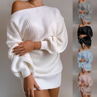 2021 stylish autumn sweater dress elastic solid color sexy women dress one shoulder knitted above knee lantern sleeve mini dress