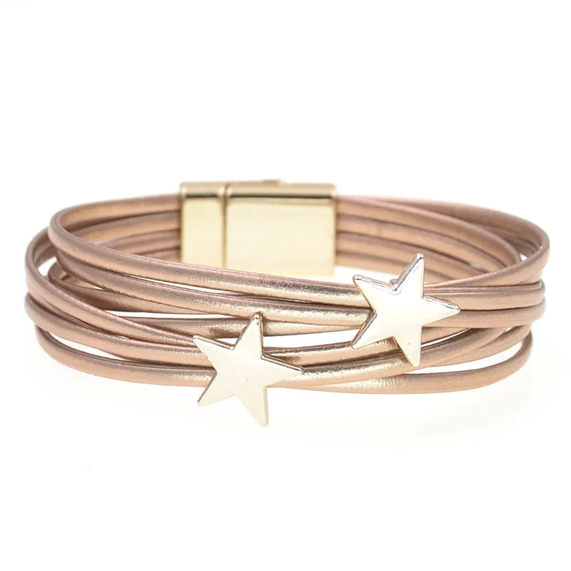 WELLMORE кожаные браслеты для женщин Простые звезды Многослойные широкий браслет