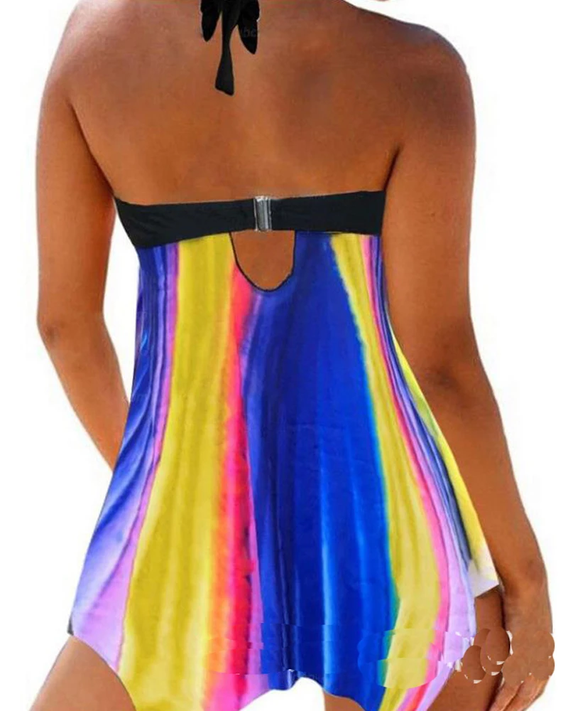 

two piece swimsuit plus size 6XL swimwear women tankini bathing suit Halter rainbow Print Padded Bra high waist bikini swimdress