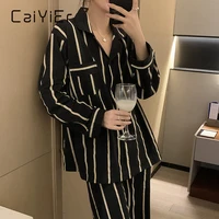 caiyier womens pajamas winter long sleeve stripe nightwear suit turn down collar girl two piece set loungewear trousers pyjamas