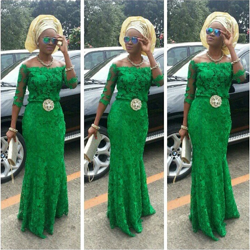 

Evening gown 2021 Vestidos De Fiesta Three Quarter Sleeve black girl Nigerian Green Lace Custom Made Mother of the Bride Dresses