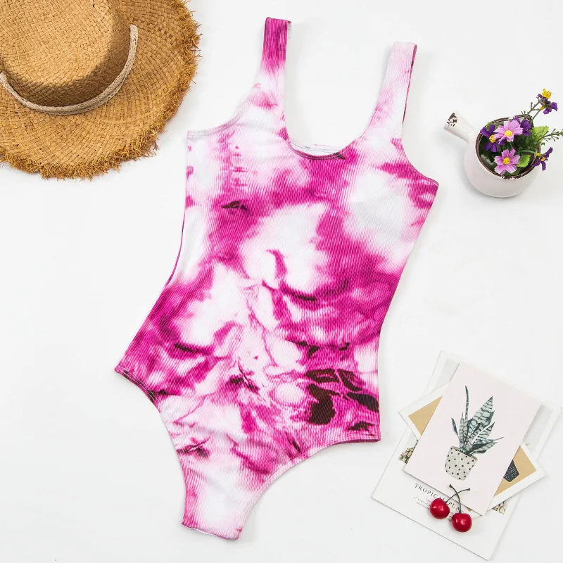 

2021 One-piece Swimsuit Pit Strip Tie-dye Printing Conservative Bikini