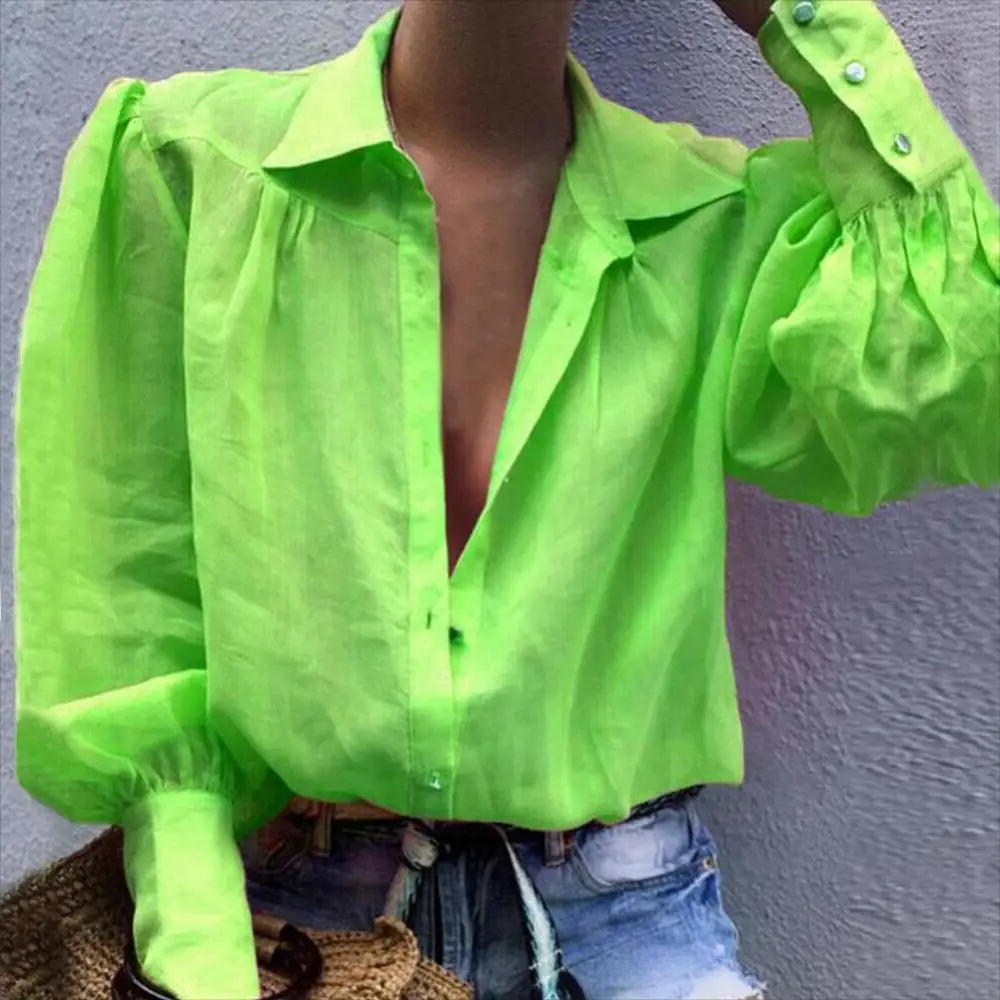 Блузка женская на пуговицах с пышными рукавами отложным воротником - купить по