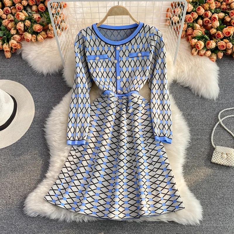 

Autumn Korean Fashion Casual Knitted Sweater Dress Women Long Sleeve A-Line Pearls Buttons Plaid Mini Vintage Dress Robe Femme