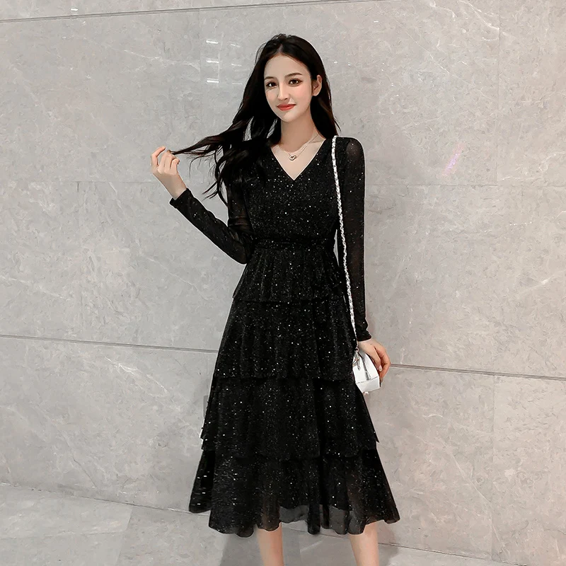 Женское Сетчатое платье с блестками черное винтажное средней длины эластичной