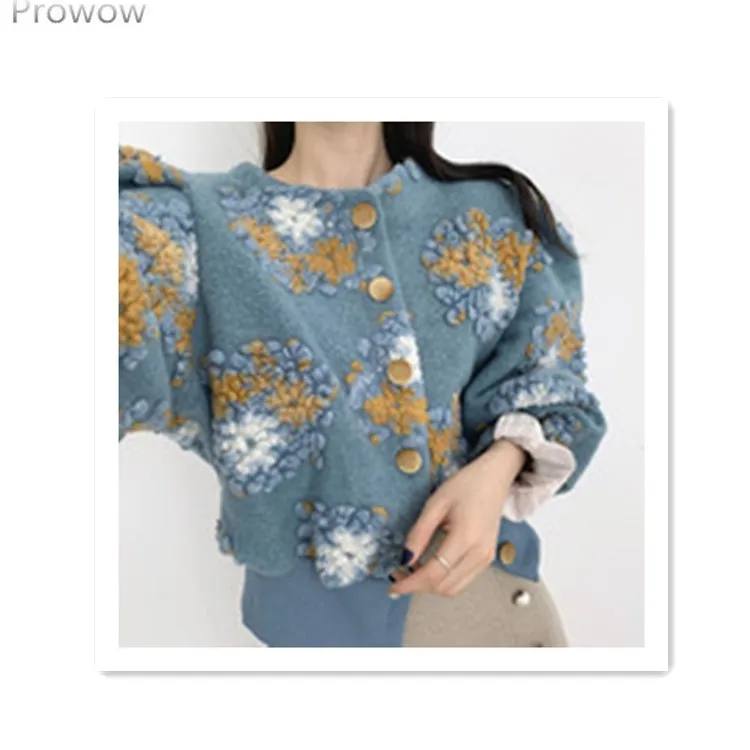 

Korean 2021 Autumn and Winter New Vintage Plush Jacket Female Embroidery Flower Lantern Sleeve Black Short Coat