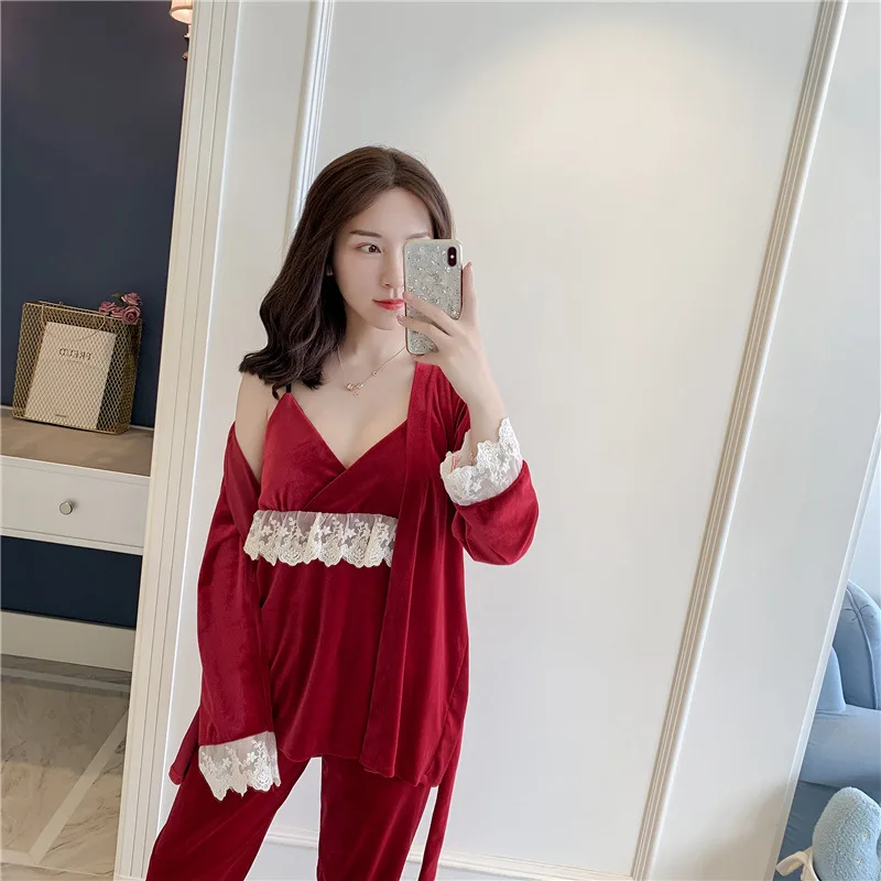 Пижама из трех предметов женский осенне зимний халат костюм с длинными рукавами