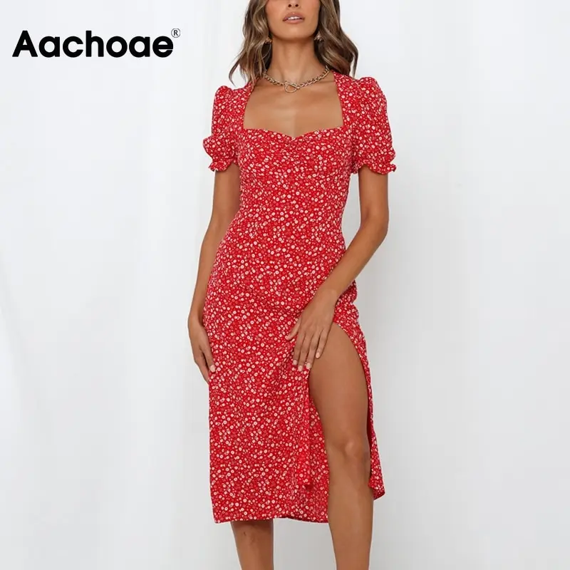 

Elegant Floral Print Dress Front Split Party Midi Dress Butterfly Short Sleeve Vintage Red Dress A Line Sundress Vestido