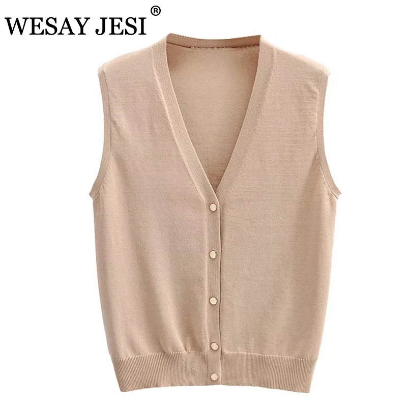 

WESAY JESI Summer Women Sweater TRAF ZA Fashion Women Knitted Vest Vintage V-Neck Single Breasted Sleeveless Casual Top Female