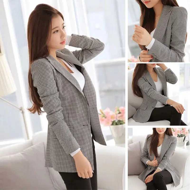 

Autumn Women Plaid Blazers Ladies Long Sleeve Work Wear Casual Female Outerwear