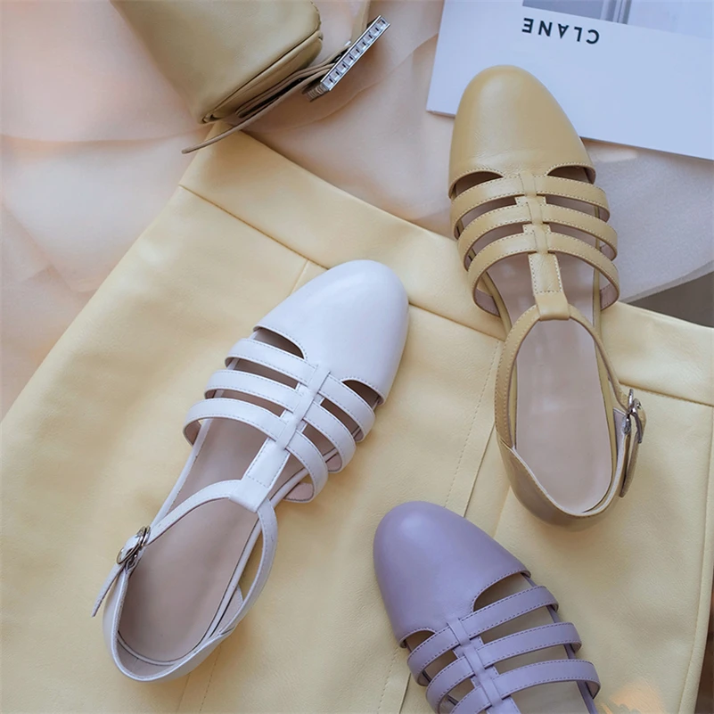

Meotina Genuine Leather Sandals Gladiator Shoes 2021 Flat Sandals Summer T-Strap Ladies Shoes Design Footwear Purple Yellow