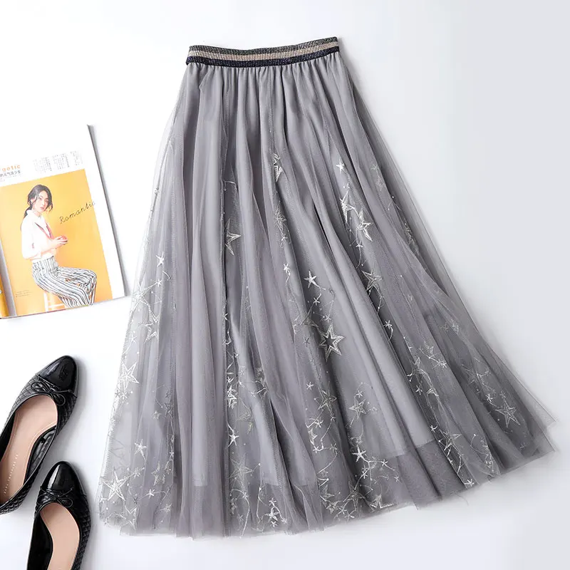 Длинная фатиновая юбка до щиколотки со Звездной вышивкой металлик звездами и