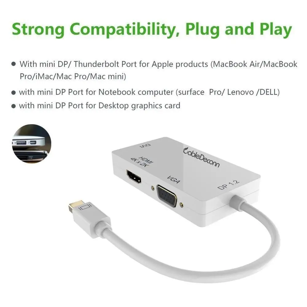 50 шт./лот CableDeconn 3-в-1 Mini DisplayPort 1 2 V to VGA HDMI DVI ТВ HD адаптер конвертер Full 4k X 2k Разрешение