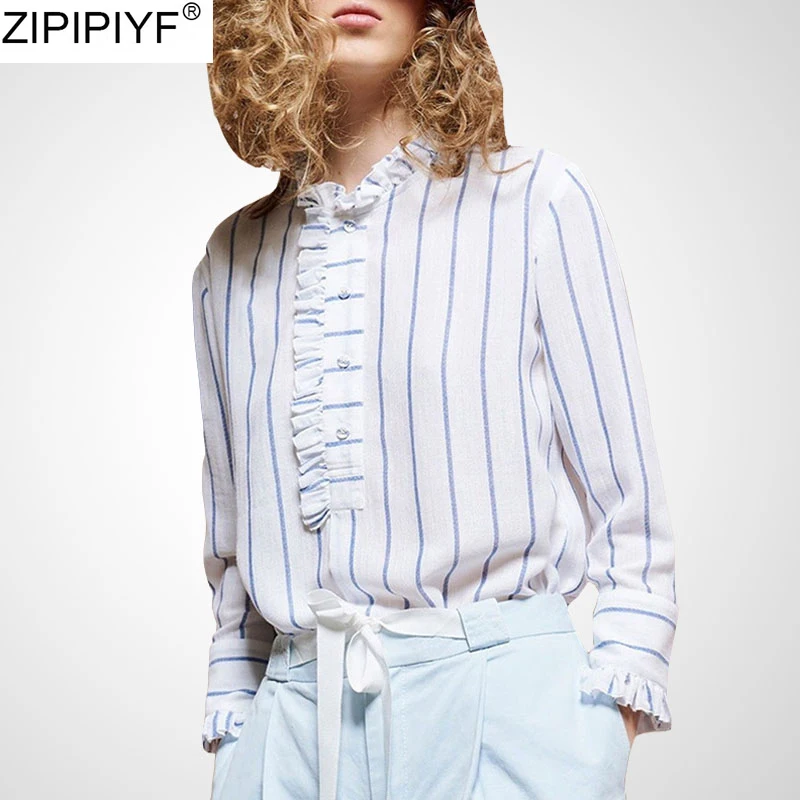 Spring Elegant Blouse Women's Shirt Fashion Long Flare Sleeve Slim Striped Printed Stand Collar Blouses blusas mujer de 2020