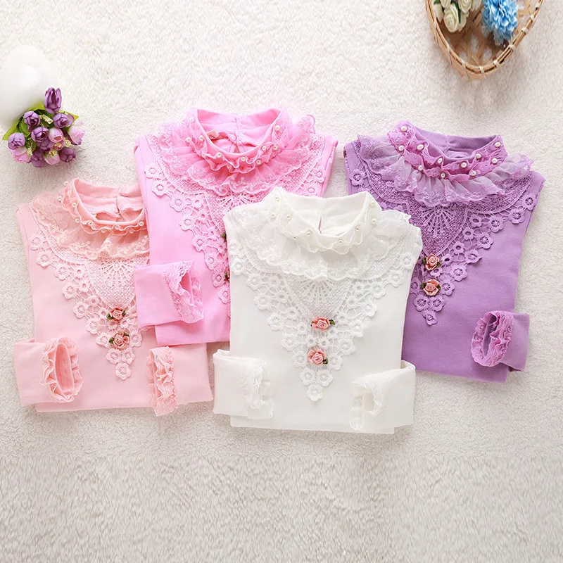 Весенне осенние блузки для девочек рубашки хлопковые кружевные топы малышей