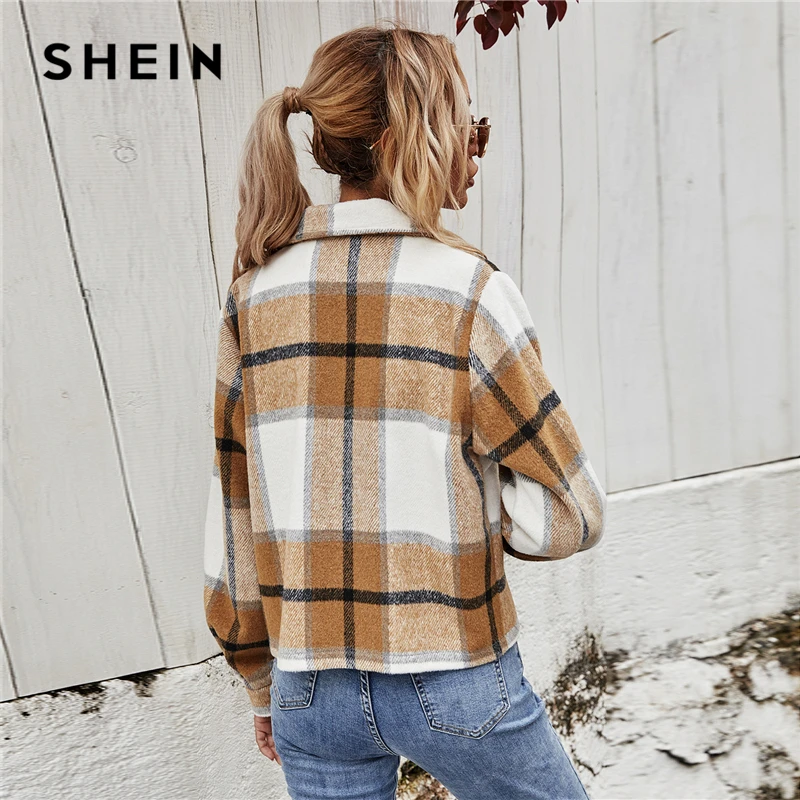 

SHEIN Multicolor Flap Pocket Plaid Jacket Women Spring Coats Long Sleeve Button Front Ladies Casual Outwear
