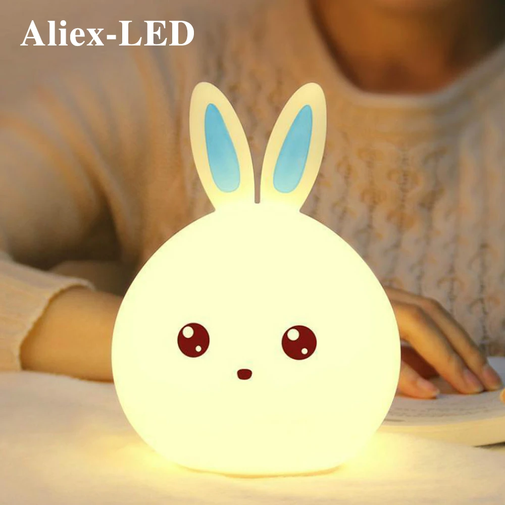 USB Rabbit Night light Led Desktop RGB Decorative Lamp Silicone Rechargeable for Kids Baby Gift Cute Animal Cartoon Lamps | Лампы и