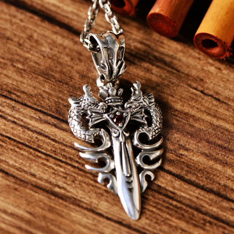 Punk 925 Sterling Silver Double Dragon Pendant with Sword for Men Boys Free Shipping | Pendants