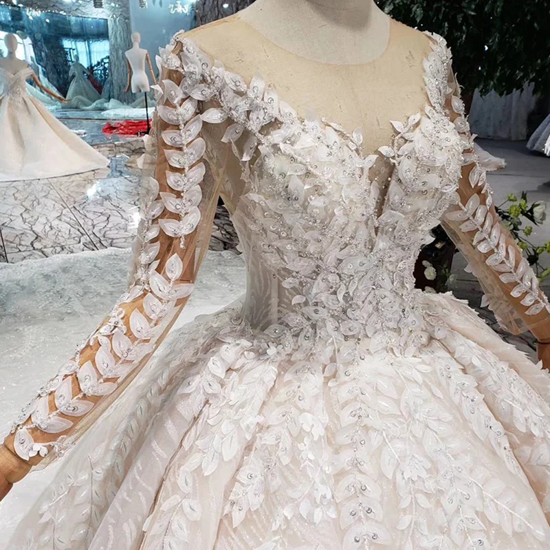 HTL186 2020 new design beauty wedding dresses with detach train full off leaves lace appliques luxury gown veil | Свадьбы и
