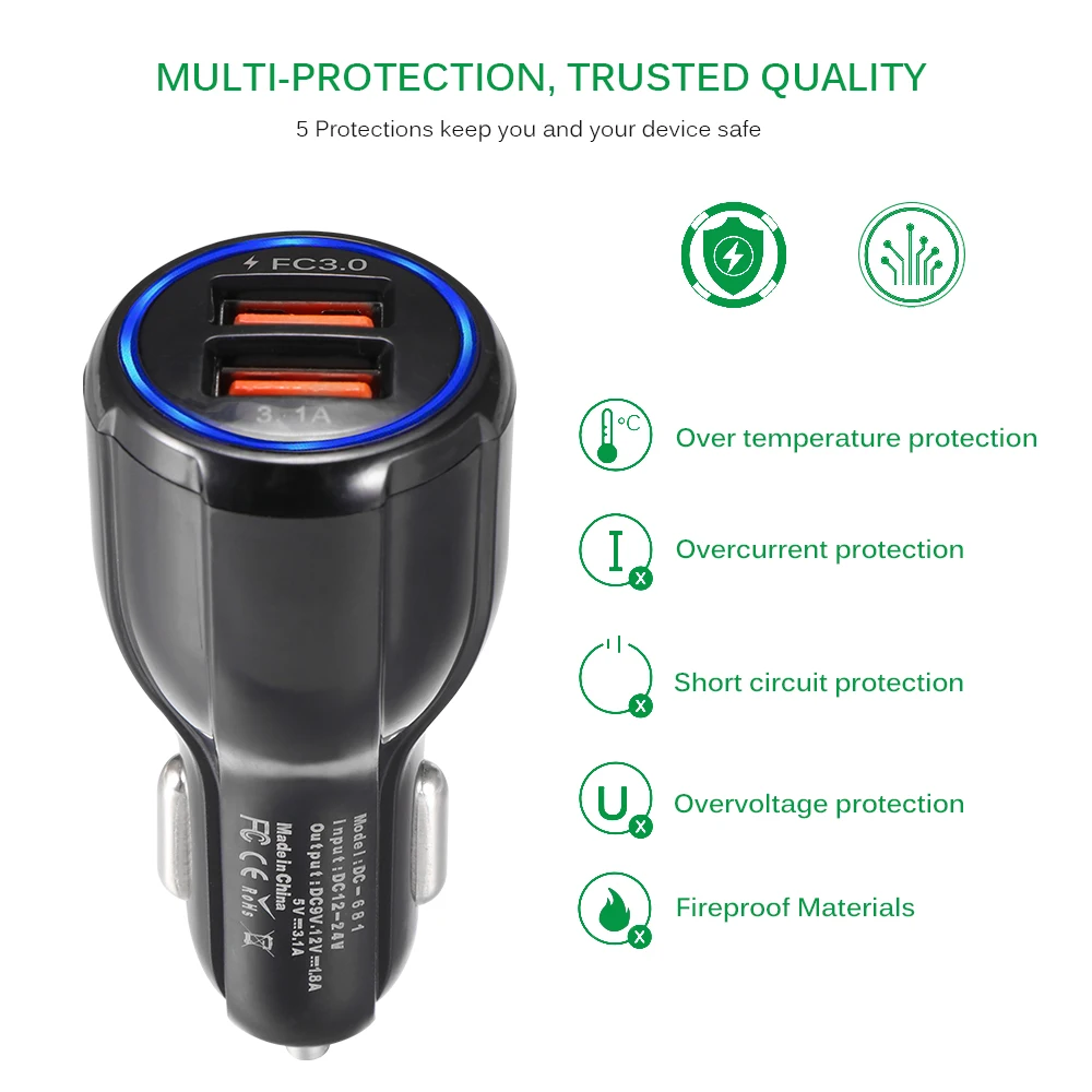 Автомобильное зарядное устройство с двумя USB выходами мощность QC3.0 3 1 А быстрая