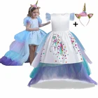 Платье с длинным шлейфом От 4 до 10 лет девочек, Радужное Пастельное платье принцессы с единорогом для дня рождения, бальное платье с лошадью