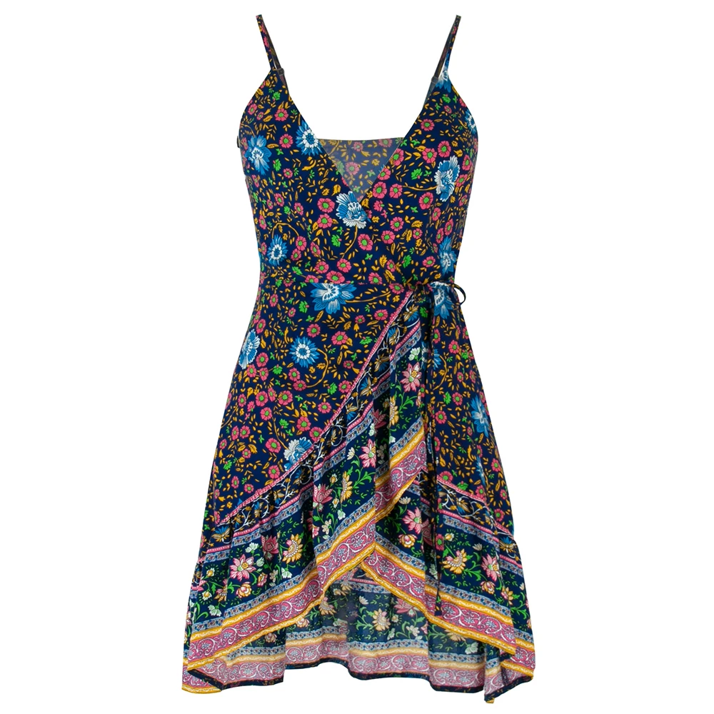 

2020 Hot Sale Sexy Backless Summer Dress Spaghetti Strap Irregular Hem Party Dresses for Women Floral Vintage Boho Dress