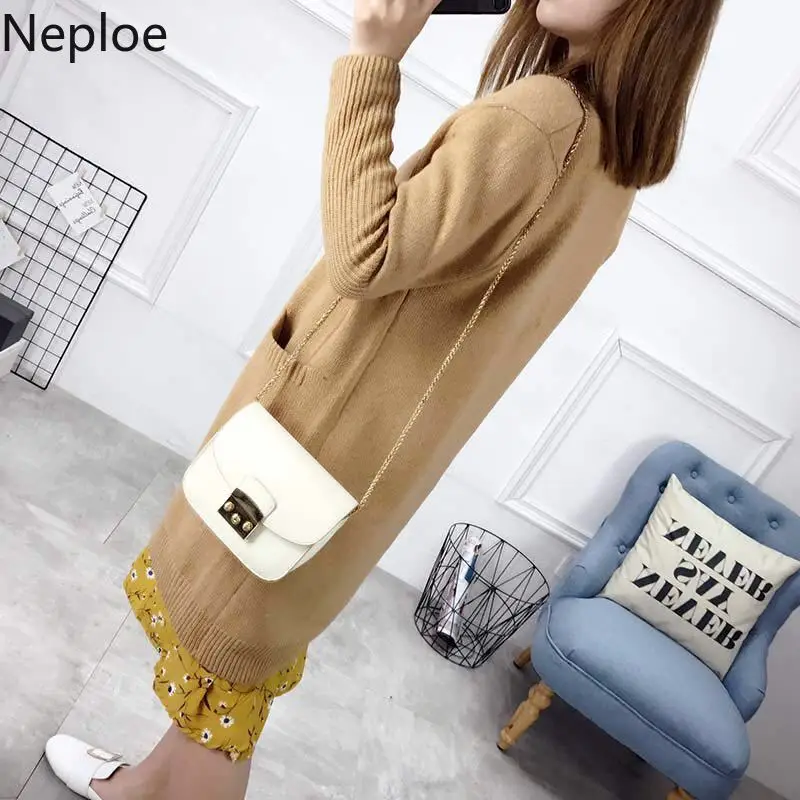 Neploe V Neck Long Knit Cardigans Femme Korean Loose Solid Sweater Women Autumn Winter New Sleeve Slim Pull 46320 |
