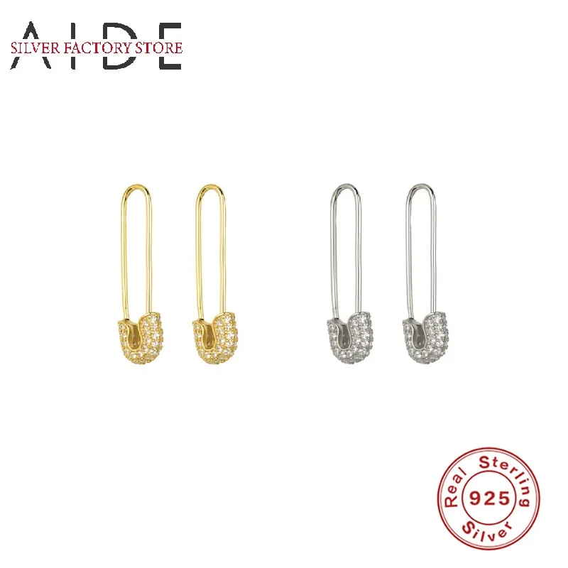 

AIDE Korean Safety Pin Studs Earrings for Women Gothic Fashion Micro Pave Zircon 925 Sterling Silver Earrings Jewelry kolczyki