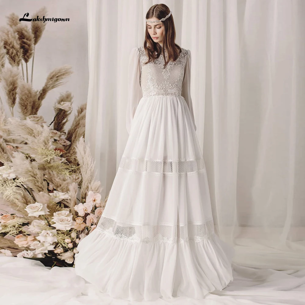 

Пляжное свадебное платье с длинным рукавом, шифоновое кружевное платье-трапеция с аппликацией, высоким воротником и длинным рукавом, на мол...