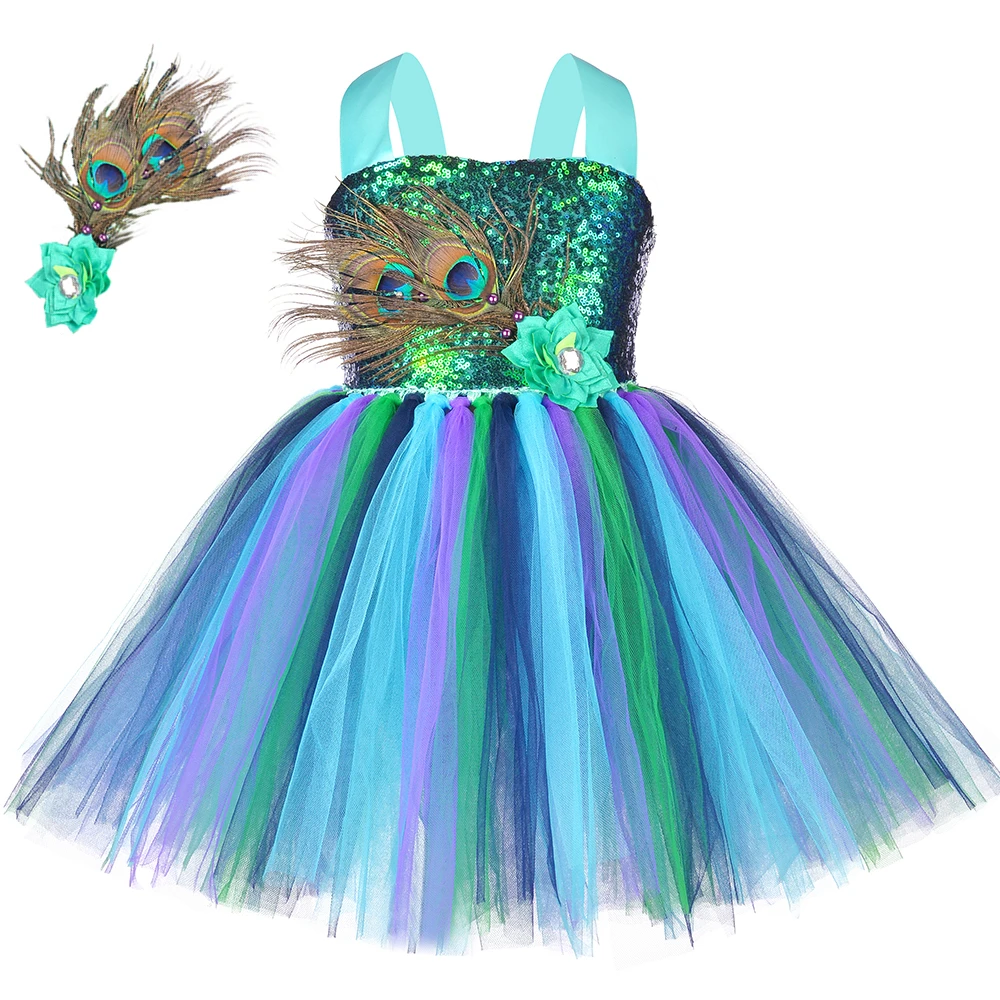 Vestidos de pavo real con lentejuelas brillantes para niñas, disfraz de fiesta, tutú con plumas, flores, ropa de princesa para niños, regalos de Halloween