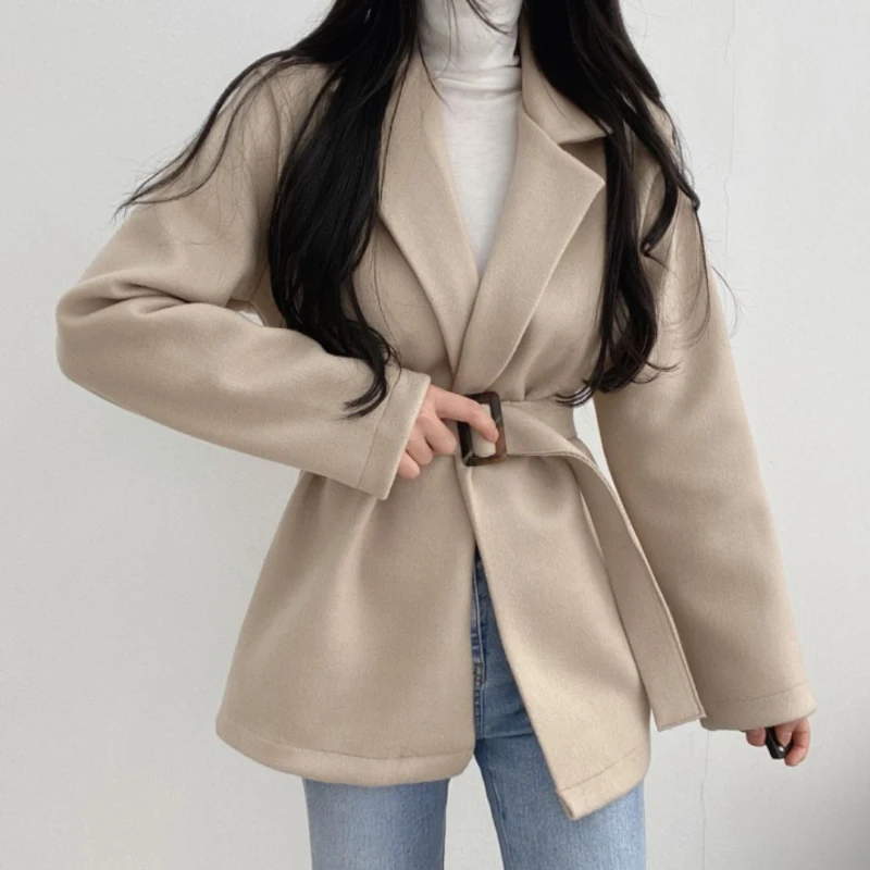 JMPRS Элегантные зимние женские шерстяные пальто Корейская мода туника с поясом