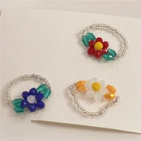 braided beaded red flower ring blue acrylic summer ring white fresh girls women gifts for friends outdoor party jewelry