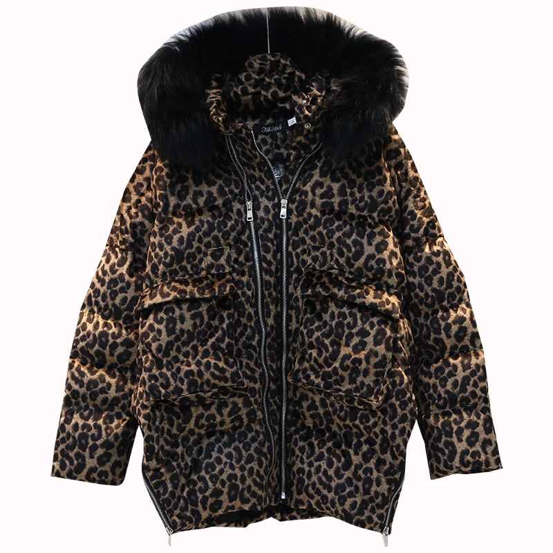 

2020 Winter Long Parkas Furry Hat Warm Down Jacket Fashion Girls Trendy Clothing Hooded Leopard Down Jacket Women