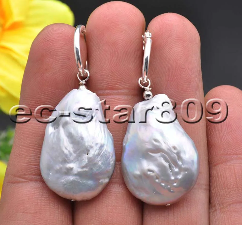 

P5975 25mm Baroque Coin Gray Freshwater Pearl Dangle Earring Women Fine Jewelry