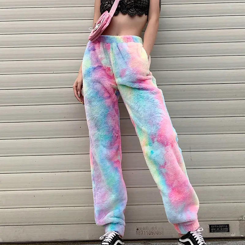 Женские зимние радужные брюки шерпа флисовые Harajuku модная уличная одежда теплые