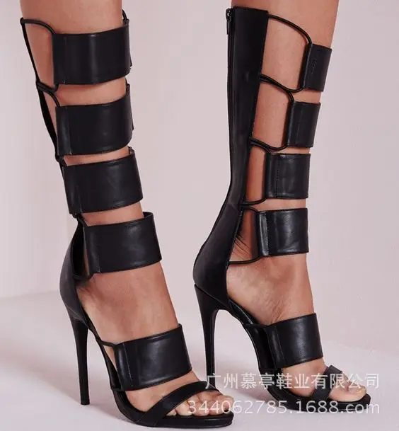 

Summer new black square hollow sexy high heeled sandals and high heeled boots