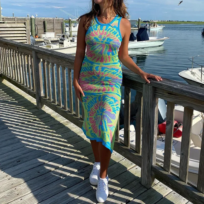 

Pattern woolen vest skirt women new style side high slit waist sleeveless knitted dress over-the-knee long skirt