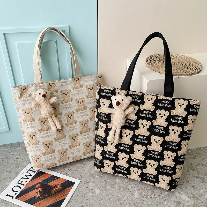 

Canvas Bags for Women Large Capacity Shopping Bag Cartoon Bear Pattern Female Handbag Shoulder Bags Young Girls Tote Schoolbag