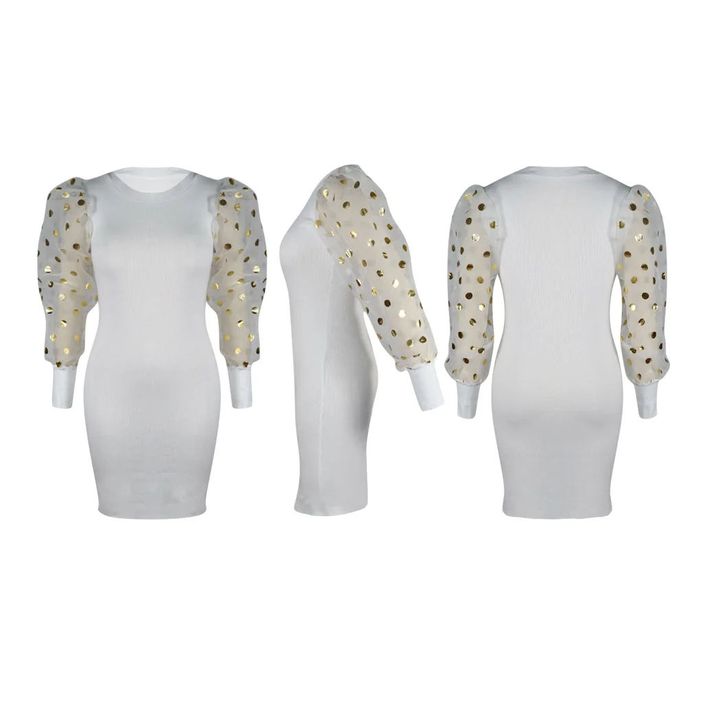 

New Women Puff Sleeve High Elastic Thread Sexy Club Dress Knee Mini Dress