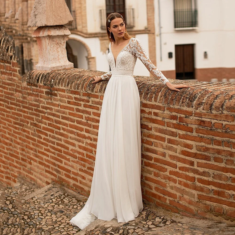 

Simple Boho Wedding Dress with Long Sleeve Lace Top Beach Bridal Dress 2022 V Neck Backless Wedding Gowns vestido de novia