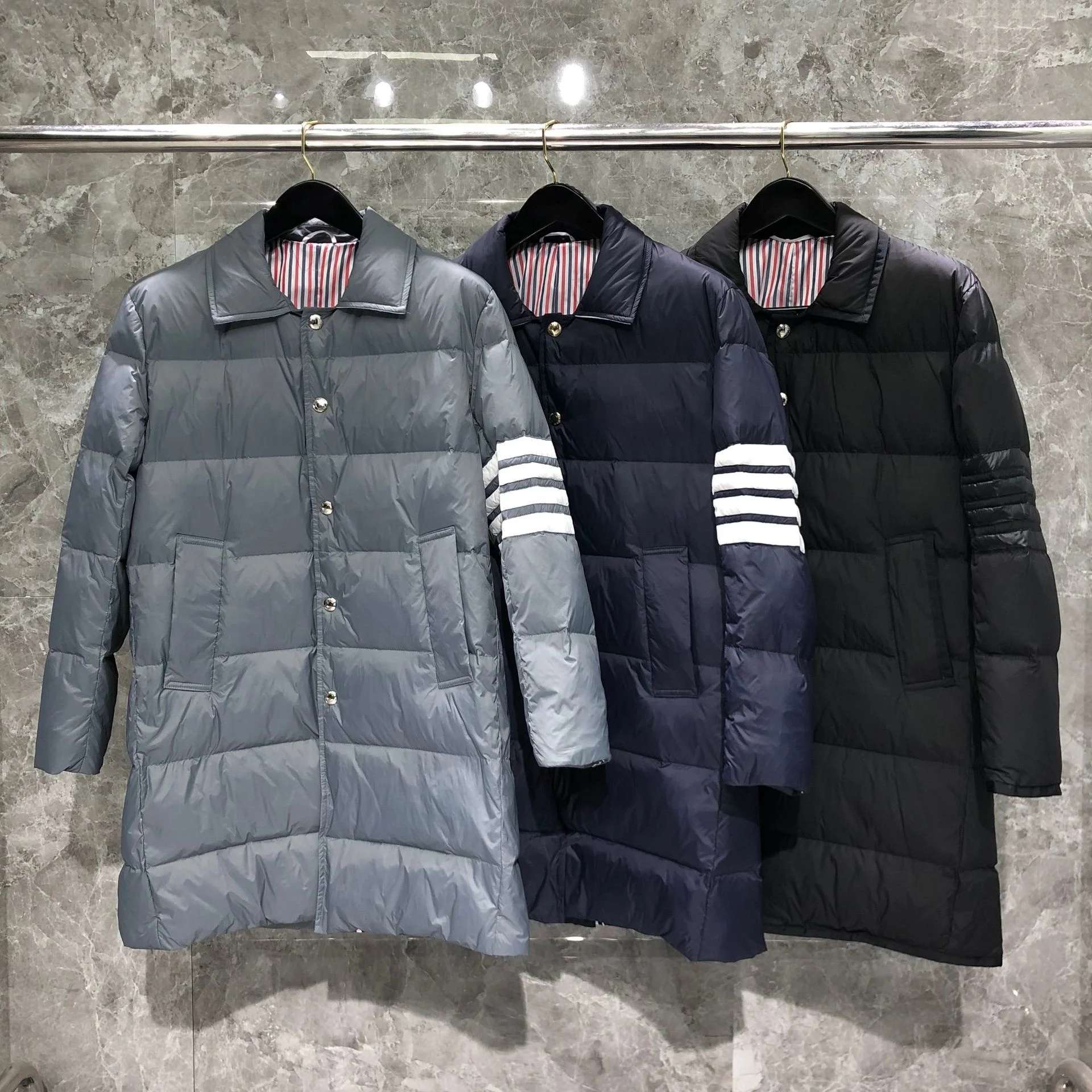 

Мужской облегающий пуховик в полоску TB, повседневный длинный Однотонный черный плотный пуховик для работы, зимняя верхняя одежда, 2021