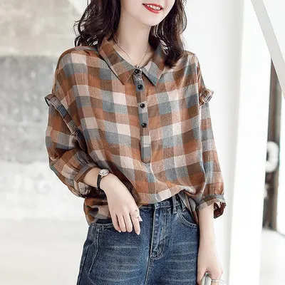 

Check shirt women's Retro Hong Kong style design fashion square collar 2021 new quarter sleeve women's top
