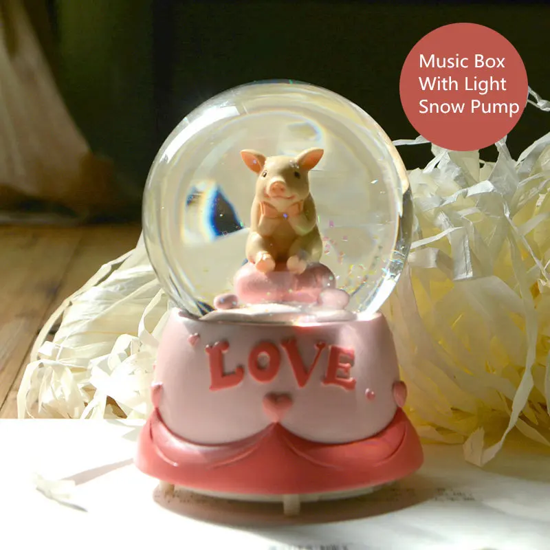 

Valentine's Day Lovers Snow Globe Adorable Pig Frog with Flower Music Box With Light Crystal Ball Wedding Decor Souvenir Gift