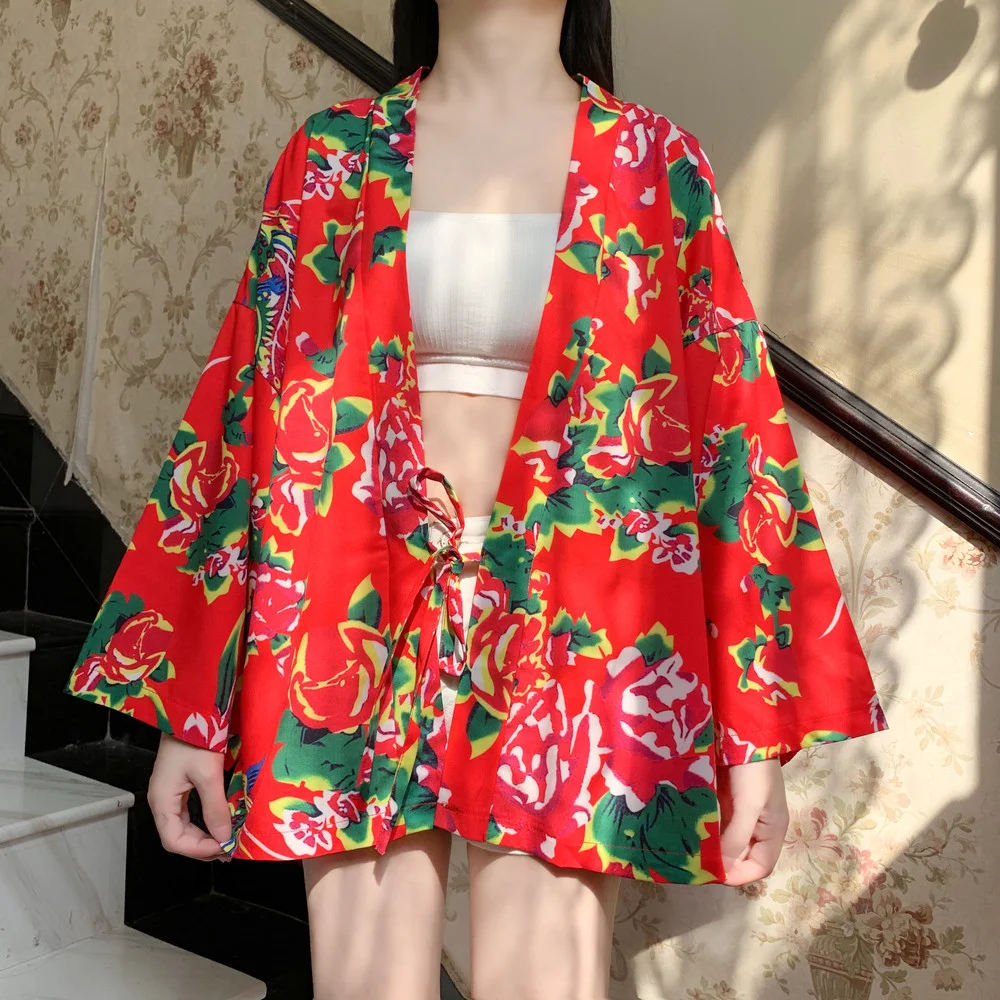 New Loose Beach Flower Cardigan Asian Fashion Women Harajuku Japanese Kimono Cosplay Style Tops Blouse Yukata Clothing 2021 |